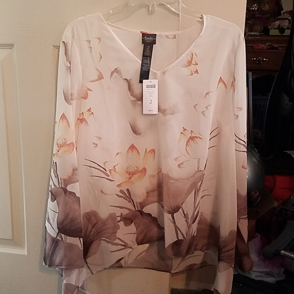 Chico's Travellers Sheer Cream & Brown Tunic Top